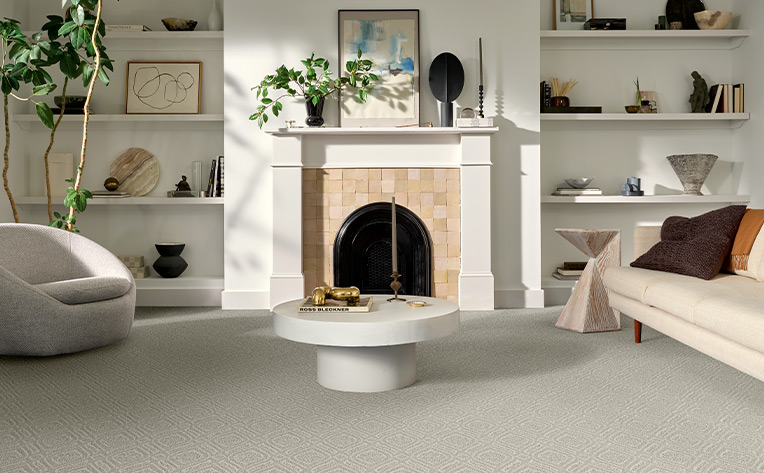cream carpet in living room with modern decor