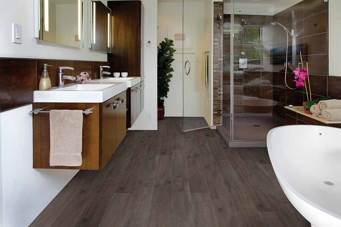 bathroom with lvt wood look flooring and floating vanity bathroom with lvt wood look flooring and floating vanity