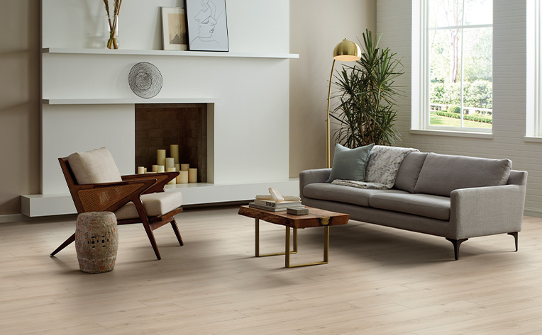 light toned vinyl plank flooring in midcentury modern living room